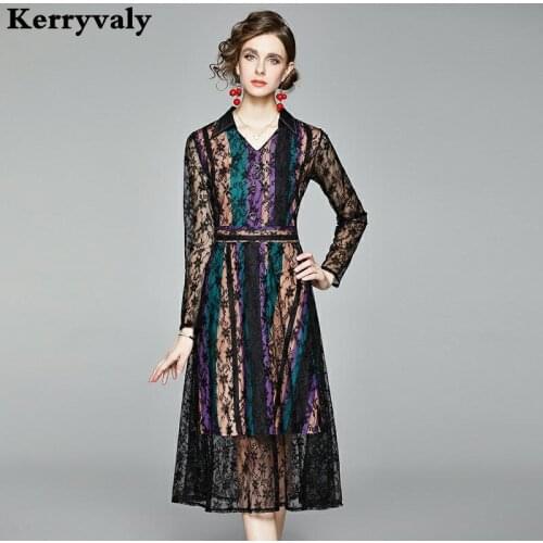 Autumn Lace Splicing Colorful Midi Dress Robe Femme T 2021 Women Club Goth Party Dress Moda Feminina Vetement Femme K8730