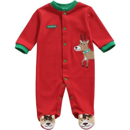 Pudcoco Romper 3-12M Christmas Red Triple Breasted Button Up Long Sleeve Elk Cartoon Cute Print V-Neck Casual Jumpsuit Leotard