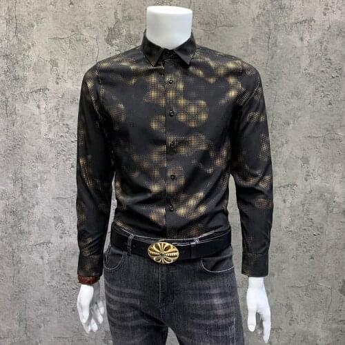 Autumn Mens Bronzing Casual Shirt Long Sleeve Mens Formal Shirt Harajuku Fashion Luxury Shirt EU Size Printed Button Shirt