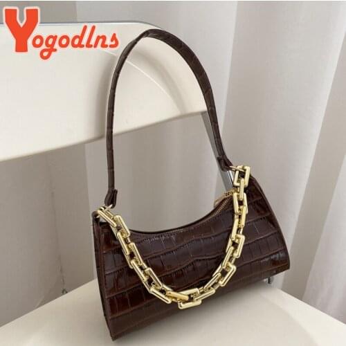 Yogodlns Retro Alligator Pattern Baguette Bag Women Chains Small Subaxillary Bags Luxury Armpit Bag Trendy Lady Shoulder Handbag