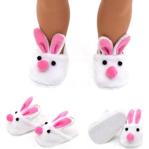 For 43cm Girl Doll Cute Rabbit Plush Slippers Pink White Shoes for 18 inch American Doll Mini Shoe Doll Dccessories