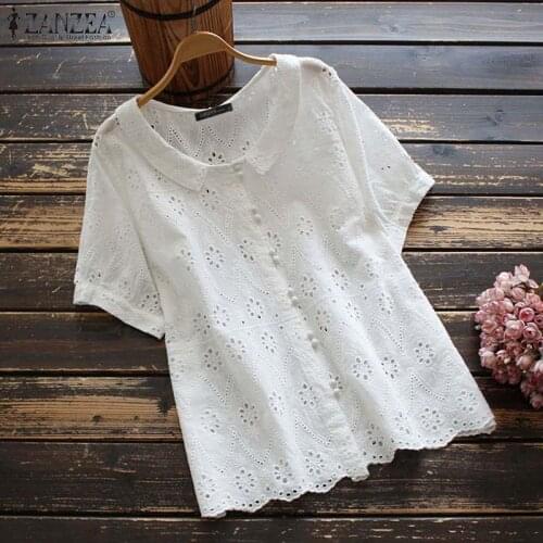 ZANZEA Vintage Women Lace Crochet Blouse Summer Short Sleeve Hollow Out Tunic Tops Solid Embroidery Shirt Casual Blusas Chemise