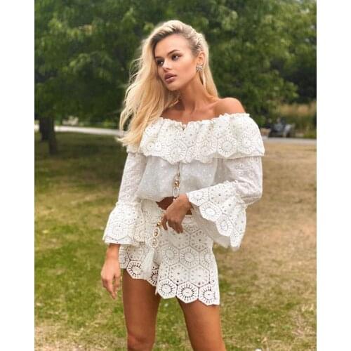 2021 Spring and Summer Women Sets Hollow Out White Off The Shoulder Blouse and Shorts Holiday Vocation Sets