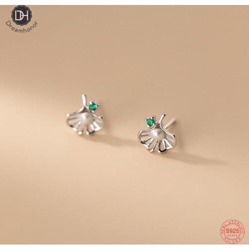 Dreamhonor New Fresh Bijoux Blue Zircon Pearl Ginkgo Stud Earrings For Women Sterling Silver Summer Gifts