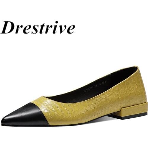 Drestrive Women Pumps Patchwork Full Genuine Leather Low Heels Pointed Toe Black Flats 2021 Summer Casual Shoes Stone Pattern