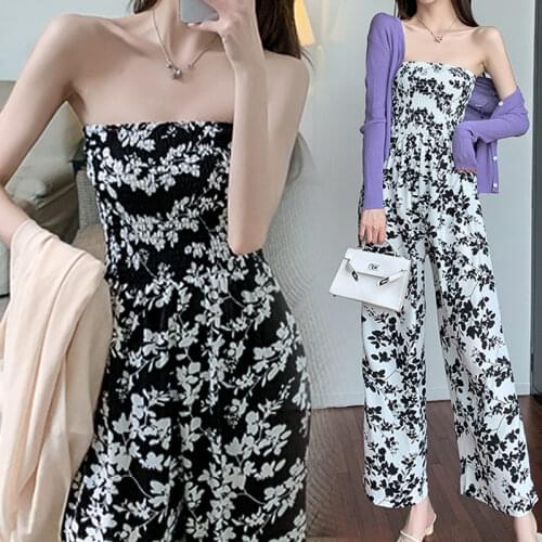 Office Lady Sexy Breast Wrap Pleated Wide Leg Floral Print Jumpsuit Women Loose Black White Summer Jumpsuit Women 2021 Overalls