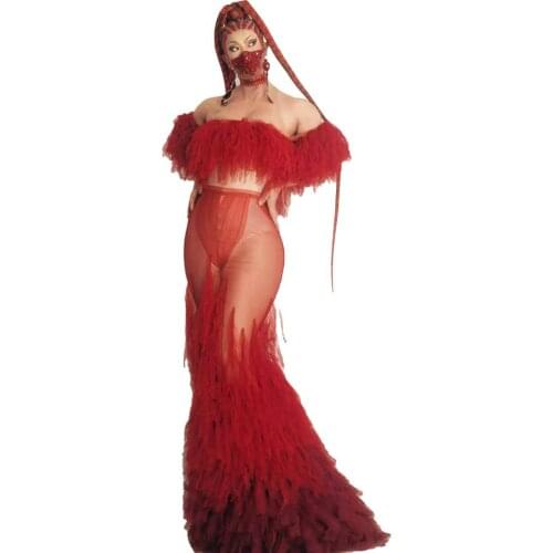 Women Wedding Celebration Prom Mermaid Long Dress Stage Wear Sexy Red Tassel Slash Neck Mesh Perspective Party Evening Dress