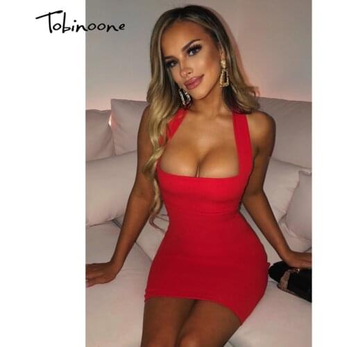 Tobinoone Red Halter Backless Sexy Bodycon Dress Women Spaghetti Strap Night Club Party Dresses Elegant 2021 Summer Mini Dress