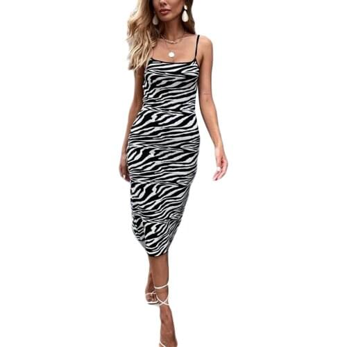 Female Dress, Women’ s Zebra-Stripe Sleeveless Spaghetti Strap for Summer, Black, S/M/L/XL/XXL