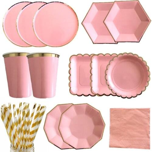 Gold Disposable Tableware Set Party Pink Paper Plates Napkins Cups Straws Birthday Party Wedding Decor Kids gift Party Supplies