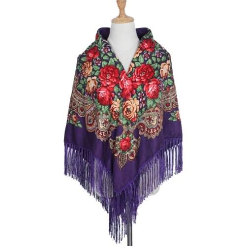 135*135cm Women Russian Square Scarf National Wind Fringed Scarves Winter Blanket Shawl Ladies Retro Floral Pattern Hijab Wraps