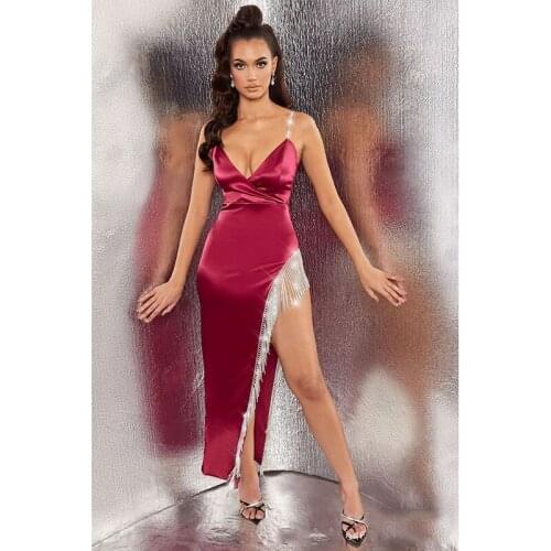 2021 Diamonds Tassel Sexy V Neck Summer Women Spaghetti Strap Long Party Dress High Split Femme Vestidos Club Banquet Robe F2305