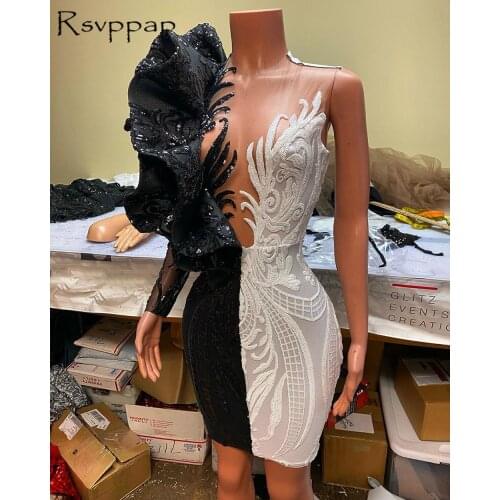 Black And White Short Prom Dresses 2021 Glitter Sequin Single Long Sleeve Ruffles Side African Girl Mini Prom Dress