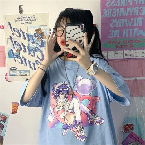 Sky Blue Tshirt Cartoon Funny Girl Cartoon Tops Streetwear Female Tops Tee Short Sleeve Fashion T Shirt Hip Hop Clothes Femme