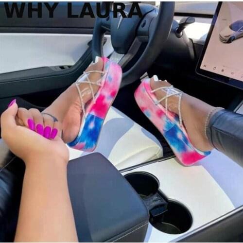 Beauty 2021 new summer high heels platform slippers ladies wedge ladies rhinestone shiny Moole slippers ladies outdoor beach sho