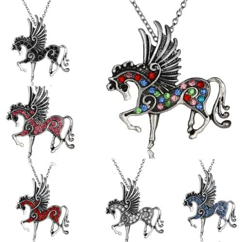 Crystal Rhinestone Flying Horse Pegasus Animals Pendant Necklace Charm Chain Women Girls Friends Jewelry Party Wedding Xmas Gift
