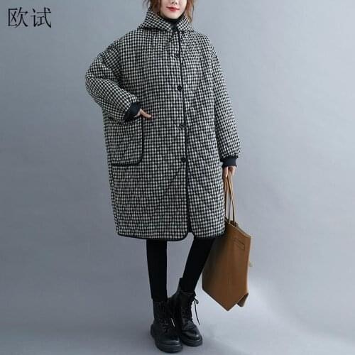 Plus Size Long Winter Hooded Jacket Coat Women Thicken Warm Plaid Cotton-padded Ladies Jackets and Coats Woman Oversized Outwear