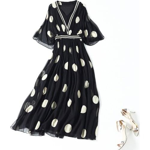 Summer Dress 2021 100% Silk Maxi Dress Female Korean Fashion Dresses for Women Casual Polka-dot Vestido De Mujer Pph4703