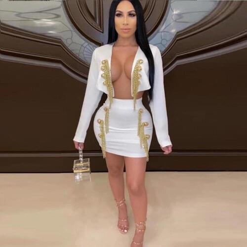 Hot Selling Sexy Bodycon Bandage Women White 2 piece Set Long Sleeve Coat & Skirt Chain Design Party Evening Outfit