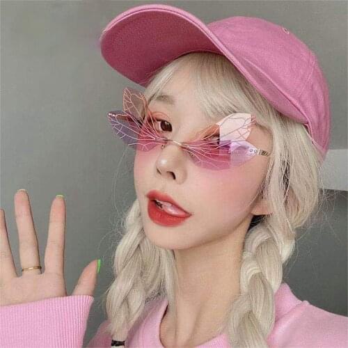 Fashion Unique Dragonfly Wing Shape Rimless Sunglasses Women Vintage Clear Ocean Lens Eyewear Ins Popular Men Sun Glasses