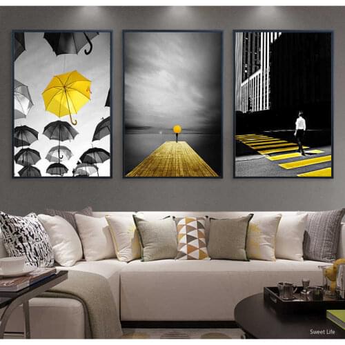 Man Walk Yellow Umbrella Wall Art Posters Prints European Street Print Canvas Painting Living Room Bedroom Home Decor Artwork