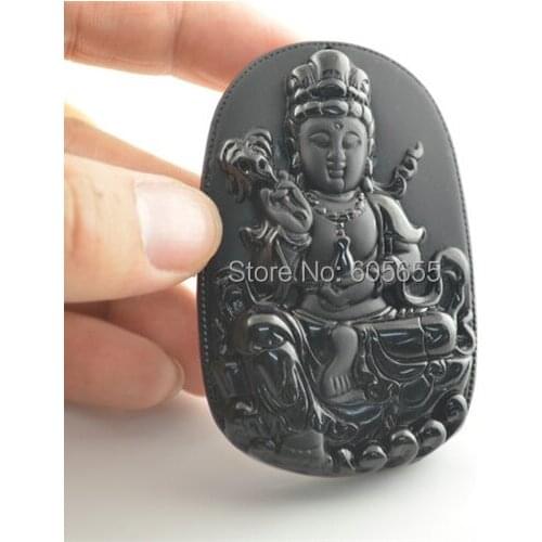 Natural Black Obsidian Carved Guanyin Buddha Pendant Protective Talisman For Woman