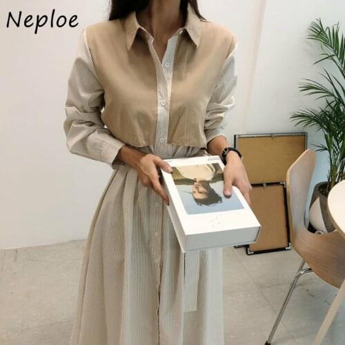 Neploe Korean Fake Two Piece Patchwork Dress Women High Waist Hip A Line Long Vestidos Turn Down Collar Long Sleeve Robe Slim