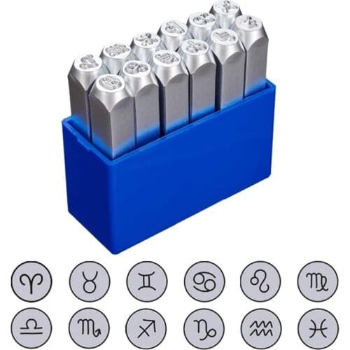 Constellations Theme Matte Design Diy Metal Stamp Punches 12pcs Set with Tool Case for Jewelry Leather Wood Stamping work Craft