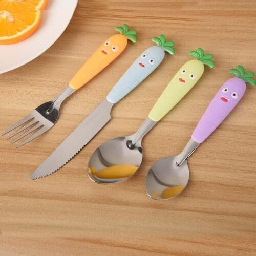 4Pcs Baby Feeding Utensils Lovely Carrot Rabbit Fork Baby Kids Feed Stainless Steel Baby Spoon Flatware Cute Handle Tableware
