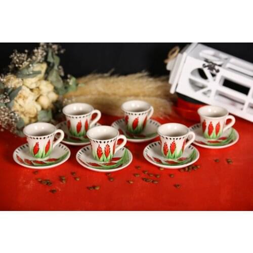Turkish Tile Handmade Natural Earthenware Set of 6 Coffee Cups and Saucers Colorful traditional method warm coffee pot anatolian