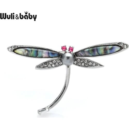 Wuli&baby Abalone Shell Dragonfly Brooches For Women Unisex Rhinestone Insects Party Office Brooch Pins Gifts