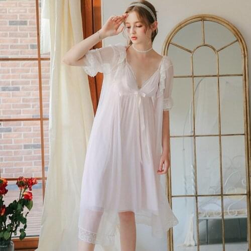 Womens Palace Cotton pink Nightgowns Female Princess Vintage Soft Home Sleeping Dress Two-pieces Suit With Chest Pad Night set