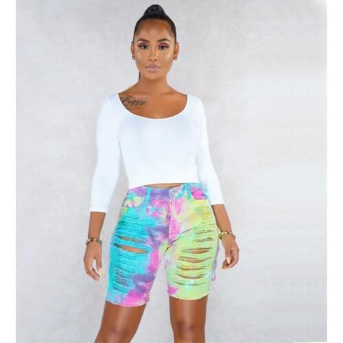 Women Fashion Knee Length Tie Dye Rainbow Color High Waist Ripped Hole Biker Jeans Shorts Streetwear Denim Short
