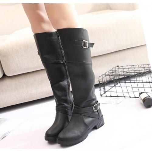 Women Winter Snow Boots Ladies Shoes Autumn Winter Warm Riding Boot Buckle Decoration Flat Square Motorcycle Leather Boots