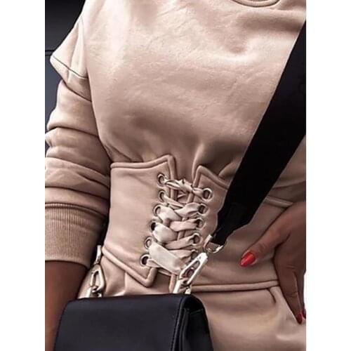 Women Lace Up Corset Tie Waist Long Sleeve Mini Dresses Spring Fashion Casual Round Neck Autumn Winter Warm Clothes Streetwear