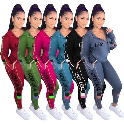 2021 Autumn Fashion New Solid Color Stitching Letters Hooded Long-Sleeved Top + Casual Pants Sports Two-Piece Suit Female Trend