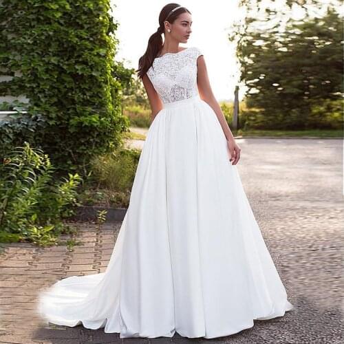 Glamorous Satin Bateau Neckline See-through Bodice A-line Wedding Dress Open Back Bridal Dress vestidos de novia vintage