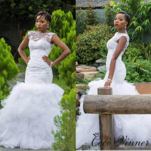 Sleeveless Boat Neck Luxury Beading Mermaid Wedding Dresses Plus Size Africa Wedding Dress Ruffles Tail Bride Dress W0751