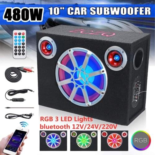 10inch 480W Car Active Audio Subwoofer 12V 24V bluetooth RGB 3 LED Powered Speaker Home Car Power Amplifier Bass Cabinet Speaker