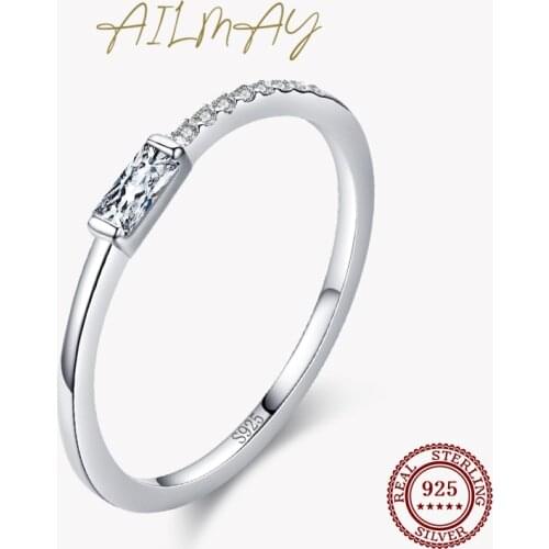 Ailmay Genuine 925 Sterling Silver Personality Simple Rectangle Clear Zircon Rings Fine Female Fashion Engagement Jewelry