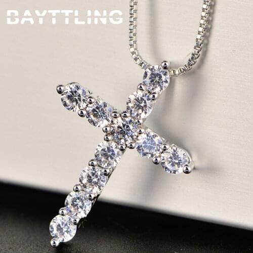 BAYTTLING New 925 Sterling Silver 18 Inch Luxury Shiny Zircon Cross Pendant Necklace For Woman Man Fashion Party Gift Jewelry