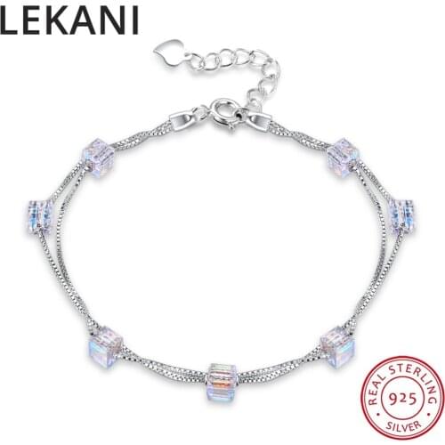 LEKANI Square Crystals From SWAROVSKI 925 Silver Double Chain Link Bracelet Bangles Beads Accessories For Women Fine Jewelry