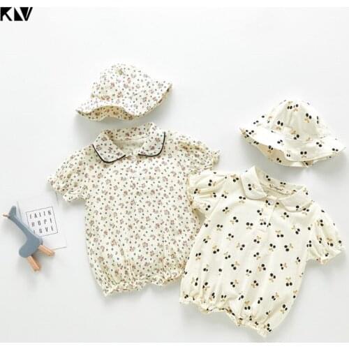 KLV 2Pcs Baby Girl Baby Boy Rompers Hat Set Cotton Cherry Flowers Jumpsuit Cap Clothes Infants Outfits Clothing Gifts