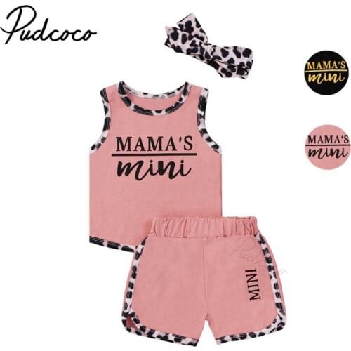 Infant Baby Girls 3 Pcs Outfits Suits, Sleeveless Letter Printed Tank Tops + Short Pant + Leopard Headband Sets Summer