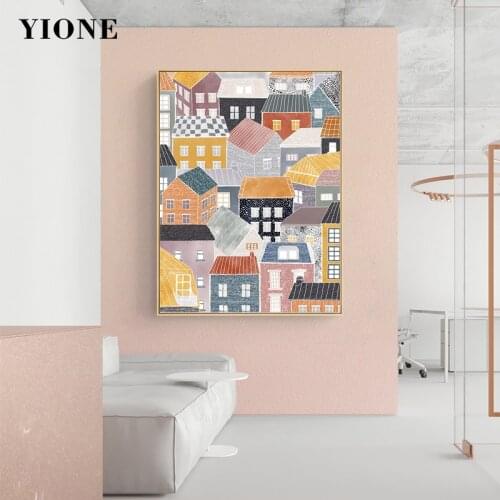 Colorful Multiple House Woman Wall Paintings Nordic Art Posters Quote Makes You Happy Prints Pictures for Living Room Home Decor