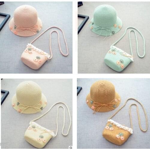 Summer Girls Straw Plaited Sun Hats Visor Caps + Straw Shoulder Bag Sets Weaved Hats Kids Princess Child Cute Floral Beach Hat
