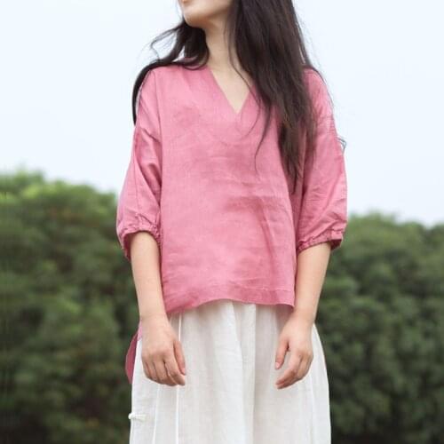 Women Loose SPring Summer V Neck Linen Blouse Tops Ladies Flax Shirt Female Vintage Irregular Length Tops