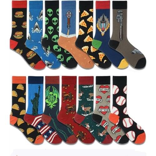 Fashion Mens Socks Funny Big Size Alien Delicious Food Print Colorful Snacks Burgers Happy Socks Harajuku Skate Cotton Sokken