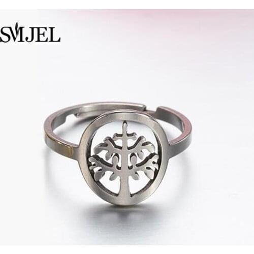 New Stainless Steel Tree of Life Rings For Women Plant Mandala Round Finger Rings Girl Luxury Party/Wedding Rings Jewelry