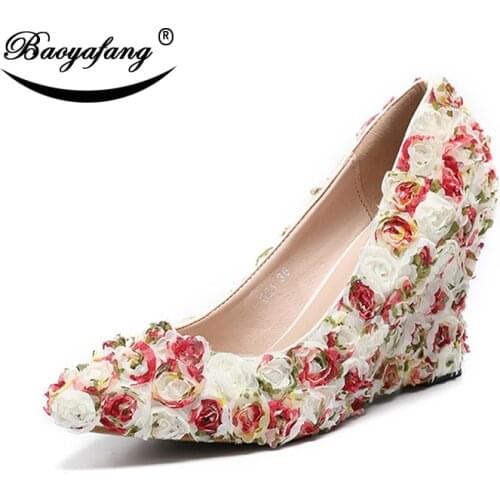 BaoYaFang 2019 NEW ARRIVE Multicolored Wedges Pointed Toe Ankle strap wedding shoes Woman Bride Fashion Pumps Party Dress shoe